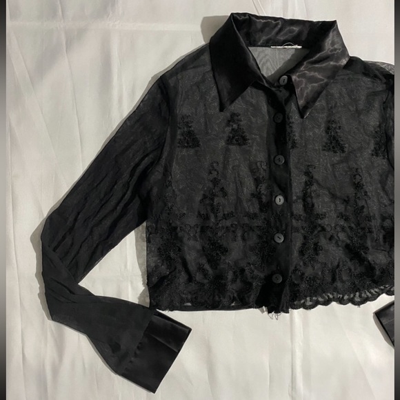See-Thru Long Sleeve Floral Embroidered Cropped Button Down Shirt - Picture 4 of 11